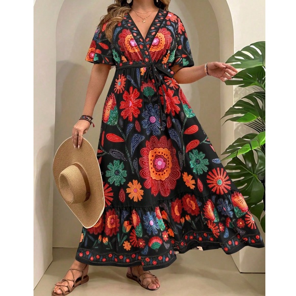 Plus Floral Print Belted Butterfly Sleeve Maxi Dress - Picture 1 of 4